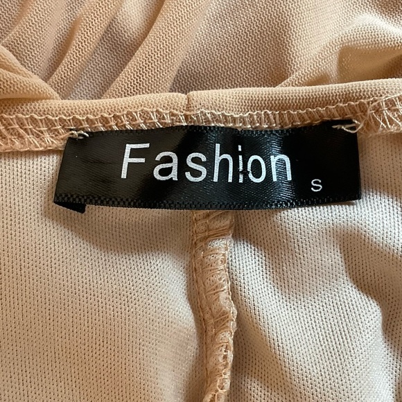 Fashion Sz Sm, Sheer Mesh, Nude, Ruched Long Sleeve Dress, Deep Square Neckline - Picture 2 of 16